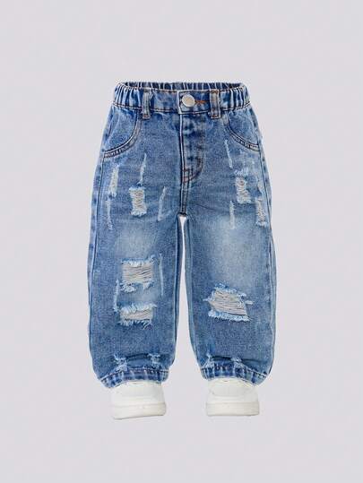 男童直筒牛仔裤，浅蓝色水洗做旧破洞牛仔布，休闲宽松版型，松紧腰带，适合日常、聚会、度假、上学、通勤、居家穿着，秋季新品