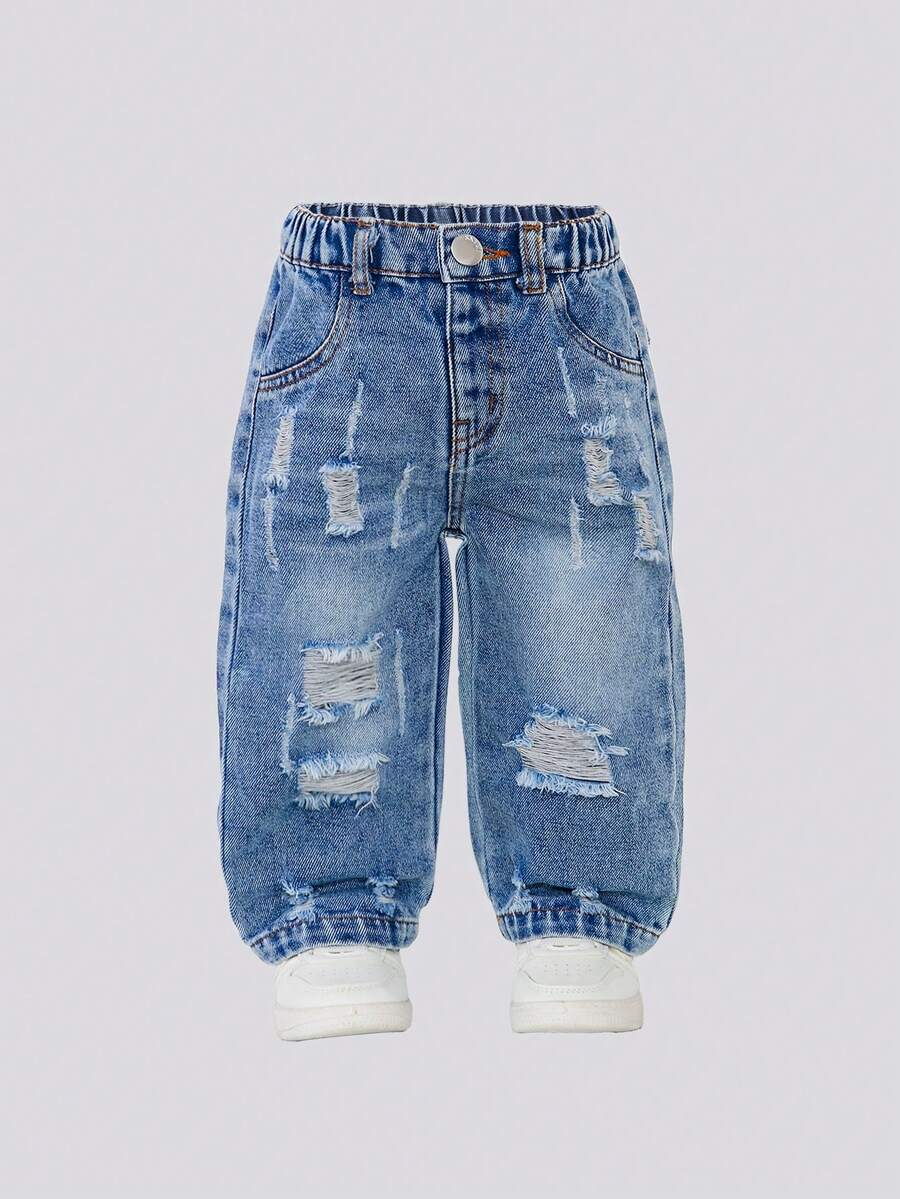 男童直筒牛仔裤,浅蓝色水洗做旧破洞牛仔布,休闲宽松版型,松紧腰带,适合日常、聚会、度假、上学、通勤、居家穿着,秋季新品 - 中等水洗藍 - 查看 1