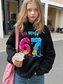 SHEIN 秋冬季少女休闲时尚创意个性化清新高端彩色67颗糖果珠字母印花舒适套头连帽卫衣，秋冬季穿着舒适 - 黑色 - 查看 3
