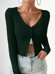 Women's Casual V-Neck Button Down Lightweight Cardigan, Solid Color, Slim Fit, Versatile For Daily Commute, Autumn - Dark Green - View 7