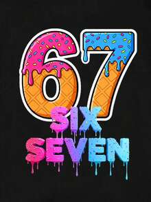 SHEIN GraphicGems 四季皆宜的青少年男童百搭休闲时尚创意个性清新高端彩色果酱饼干数字67手提设计印花宽松百搭短款T恤，舒适适合日常穿着 - 黑色 - 查看 5