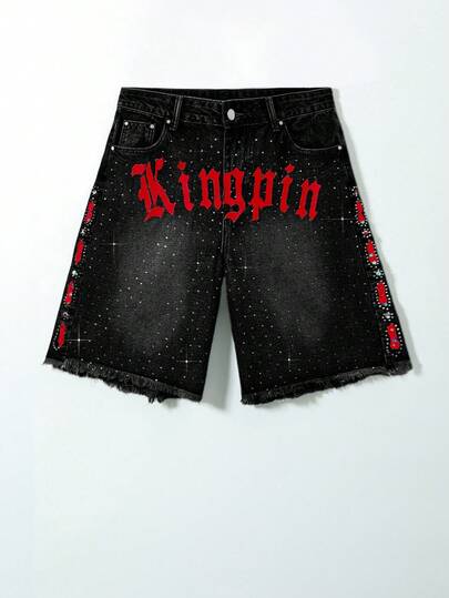 Street Life Pantalones cortos vaqueros casuales con bolsillo, estampado de letra de rhinestone y dobladillo deshilachado para hombres