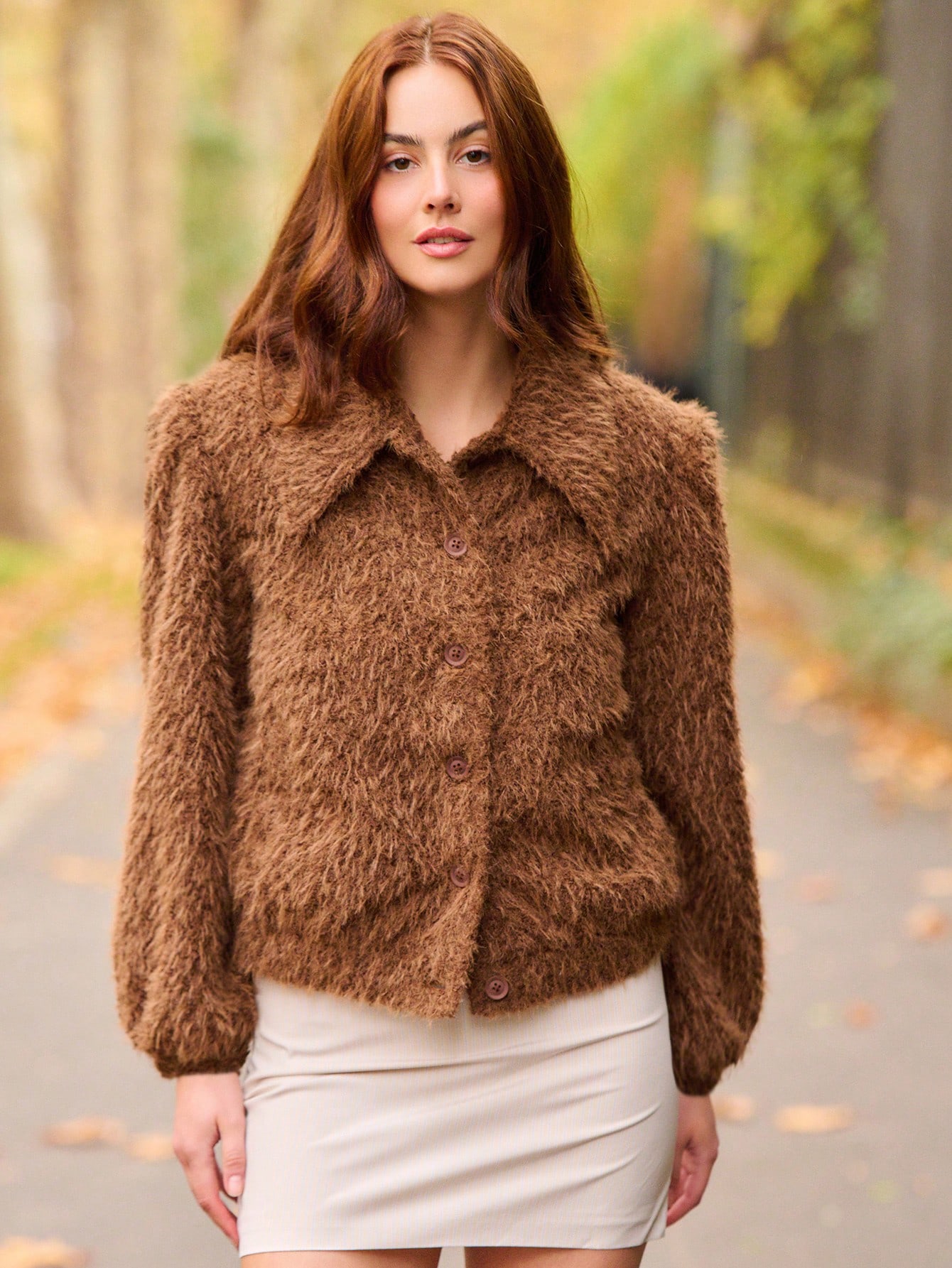 Brown Faux Fur Jacket With Wide Collar And Front Button Closure Spring Summer Look Brown Jacket Fluffy Brown Jacket Going Out  New Year