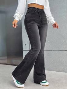 SHEIN Tall Women's Jeans Black Skinny Flared Pants Cross Waist Flared Pants Flare Leggings Fall Women Clothes Fall - Light Grey - View 3