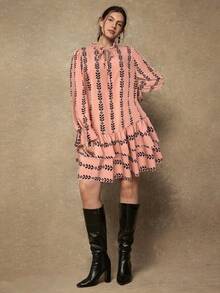 Freevana 大码立领插肩袖宽松荷叶边下摆复古时尚连衣裙 - 珊瑚橙 - 查看 5