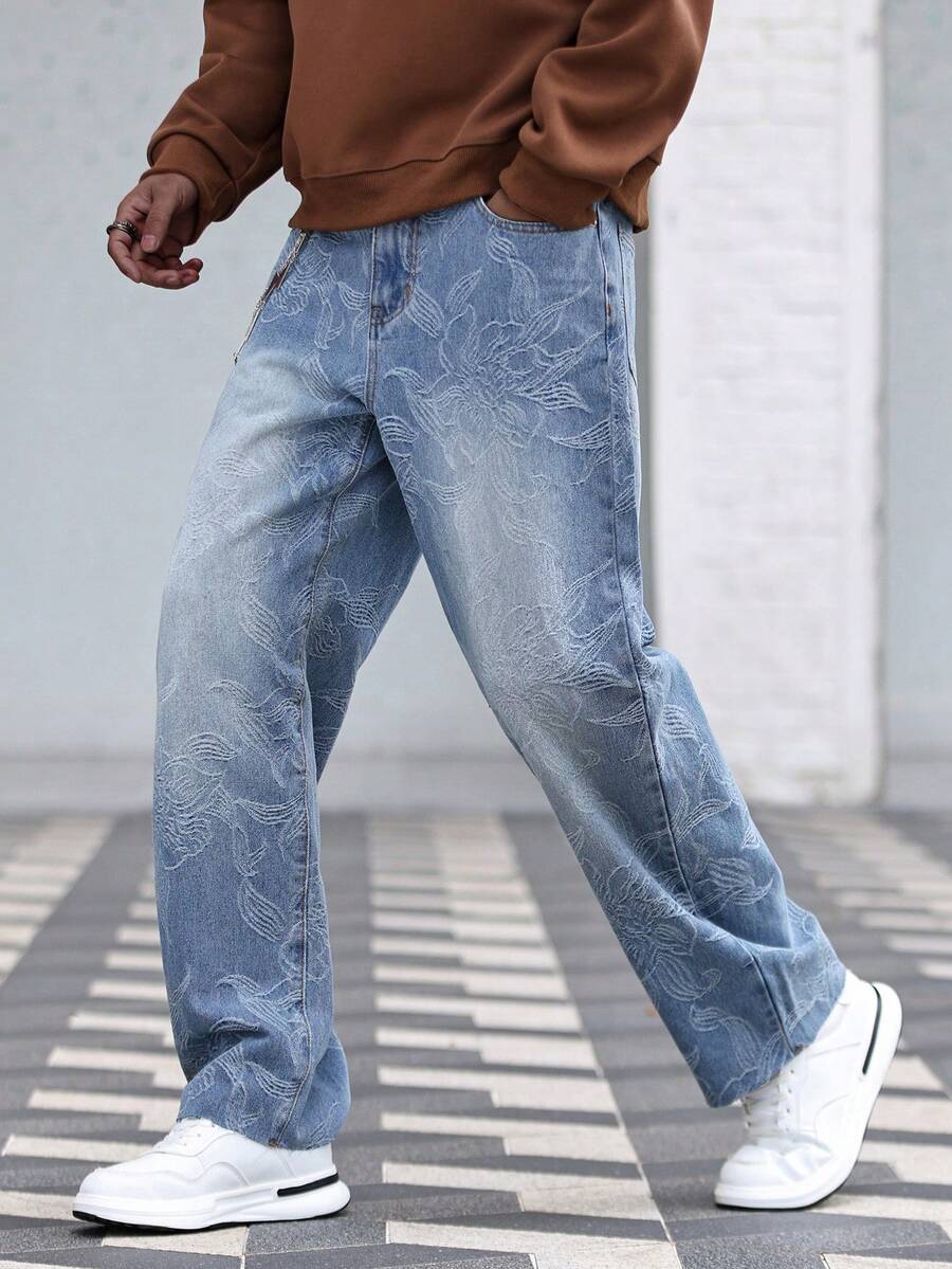 Manfinity Homme Celana Panjang Pria Model Longgar Jacquard Denim Kaki Lebar, Hadiah Liburan Sempurna untuk Pacar & Suami - Light Wash - View 1