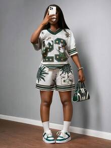 Slaydiva 2025新款夏季休闲街头运动风音乐季摩托车风23标语Logo印花杏色棕色印花V领短袖宽松T恤+宽松短裤大网眼针织女士两件套-A - 彩色 - 查看 5