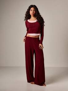 AiiRZ Burgundy Ribbed Long Sleeve Crop Top Wide Leg Pants Lounge Set With Pink Contrast Trim And Button Details - Burgundy - View 1