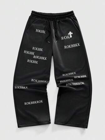 Street Life بنطلون رياضي واسع الساق مع خصر مرن مطبوع عليه حرف وصليب للرجال