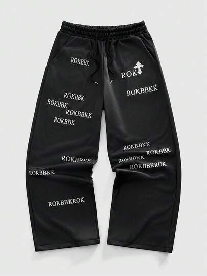 Street Life بنطلون رياضي واسع الساق مع خصر مرن مطبوع عليه حرف وصليب للرجال