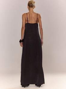 MUSERA 缎面V领纽扣前开长款有衬里套装上衣（仅上衣）秋季舒适可爱休闲夜间约会派对春夏假日 - 黑色 - 查看 2