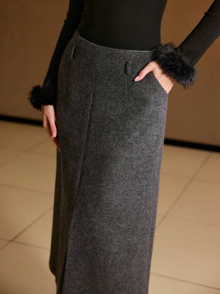 WOMEN'S HERRINGBONE PATTERN STRAIGHT WOOL BLEND SKIRT