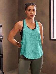 Powerista Sleeveless Round Neck Solid Color Open Back Summer Sports T-Shirt - Green - View 4