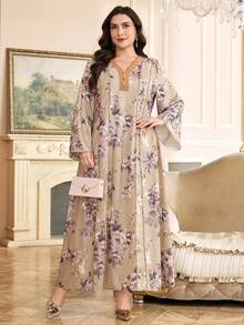 Al Najma 大码女式V领印花长袖土耳其/阿拉伯传统长裙 - 咖啡棕 - 查看 4