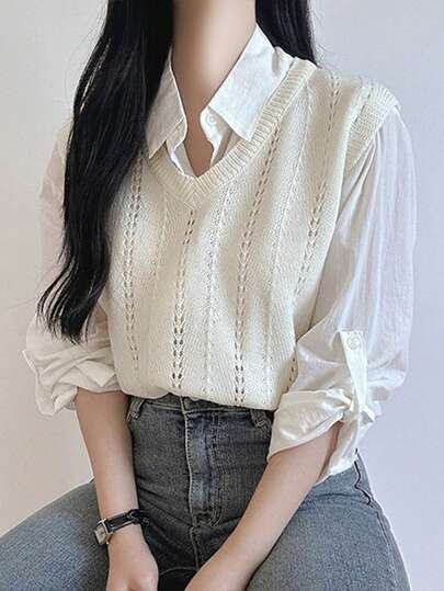 DAZY Áo len chui đầu thời trang ôm vừa vặn cổ chữ V màu trơn cho nữ