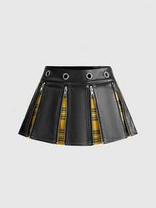 ROMWE Academia Punk Campus Style PU Plaid Patchwork Metal Zipper Low Waist Women Mini Skirt
