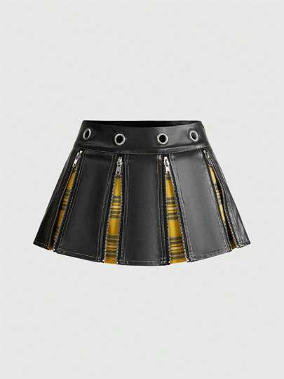ROMWE Academia Punk Campus Style PU Plaid Patchwork Metal Zipper Low Waist Women Mini Skirt