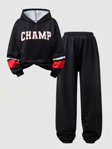 SHEIN 男童字母印花正面图案后背连帽卫衣搭配休闲运动裤套装，时尚户外运动及日常穿着之选