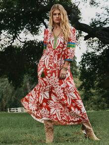 Freevana 女士热带植物印花连衣裙，V领系带蝴蝶结长袖宽松休闲连衣裙，初秋