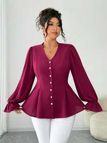 SHEIN Elenzya Áo sơ mi dài tay bo gấu nhún bèo cỡ lớn cho nữ - Màu Đỏ Sâu - Xem 4