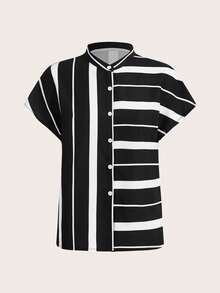 EMERY ROSE 女士夏季休閒立領條紋拼色蝙蝠袖襯衫