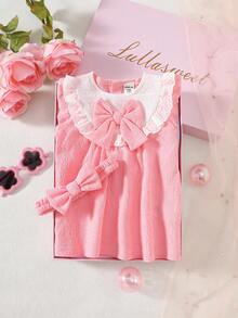 SHEIN Newborn Baby Pink Dress & Bow Headband Set, Cute Princess Style - Pink - View 4