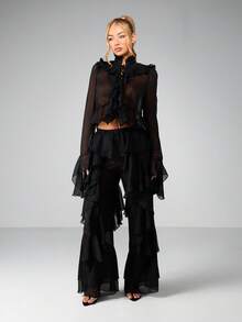 MISSGUIDED 圣诞优雅雪纺荷叶边两件套长袖上衣搭配层叠喇叭裤正式晚宴套装 - 黑色 - 查看 4