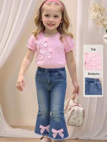 SHEIN Vintaside Kids مجموعة بقطعتين تيشيرت بياقة دائرية وأكمام قصيرة مزخرف بفيونكه وأكمام منتفخة + بنطال جينز أزرق واسع الساق بخصر مطاطي، إطلالة صيفية كاجوال جميلة للفتيات الصغيرات - متعدد الألوان - مشاهدة 8