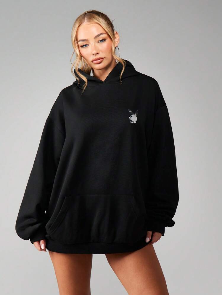 Missguided x Playboy Oversized Hoodie Mini Dress With Diamante Embellished Back Text And Front Bunny Logo Detail