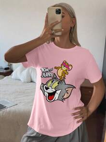 TOM & JERRY X SHEIN 女士休闲可爱卡通汤姆和杰瑞印花短袖 T 恤，夏季