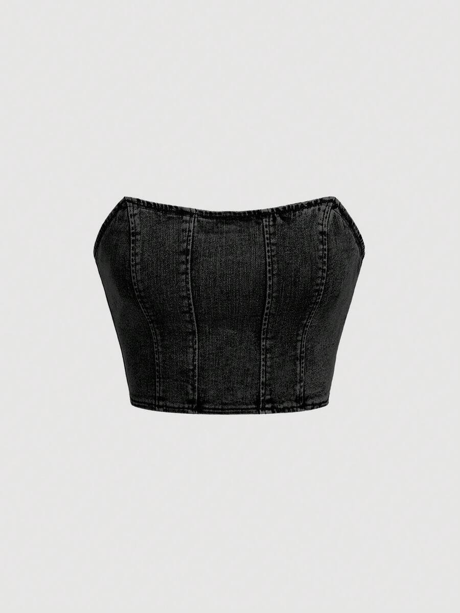 SHEIN MOD Zip Back Tube Denim Summer Corset Top - Black - View 1