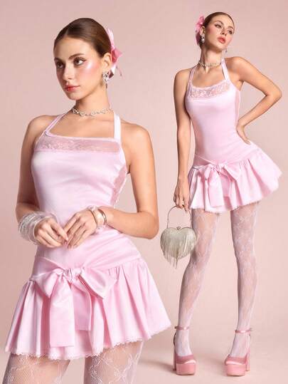 ROMWE Avant Women's Elegant Solid Color Lace Patchwork Tie-Up Backless Mini Dress