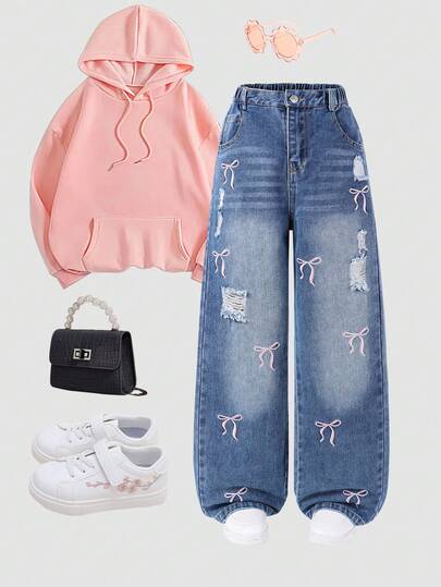 SHEIN ChillGRL Jeans anchos de pierna ancha de lavado claro con bordado de mariposa para niña preadolescente, ajuste holgado y desgastado, ropa de calle de moda, cómoda para uso diario, estética de los años 90 y 2000