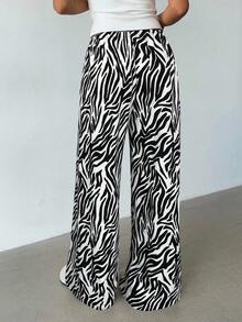 Aloruh Women's Casual Low Waist Elastic Drawstring Zebra Print Loose Wide Leg Pants Zebra Print Trousers Wide Leg Summer Pants