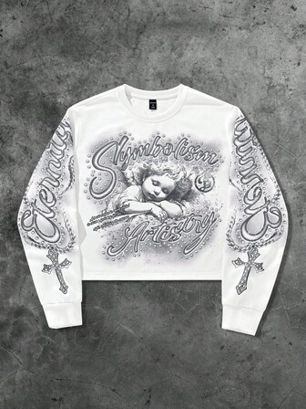 Street Life Teen Boy Letter & Cross Print Crew Neck Long Sleeve Pullover Sweatshirt