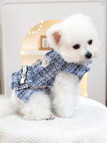 PETSIN 1件宠物香氛蓝色连衣裙，带小背包，秋冬季加厚保暖公主风连衣裙，适合猫狗穿着