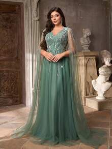 Aureia Plus Size Elegant Romantic Dark Green Deep V Luxurious Embroidered Lace Contrast Mesh Multi-Layer Maxi Dress, Long Sleeve, A-Line, Formal Evening Gown Teal