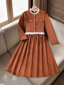 女童两件套：秋冬休闲灯芯绒长袖外套，带荷叶边小立领、纽扣装饰和前襟，搭配简约日常户外休闲半身裙 - 咖啡棕 - 查看 3