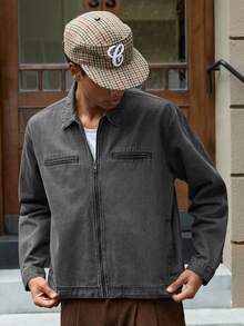 SWAVVY Chaqueta vaquera casual y versátil con cremallera y manga larga para hombre - Gris - Ver 1