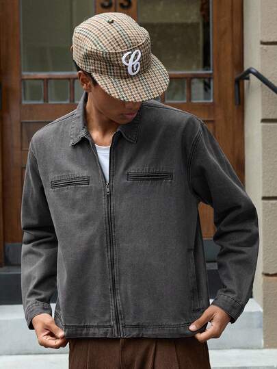 SWAVVY Áo khoác denim dài tay có khóa kéo, thường ngày, đa năng cho nam