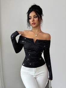 Elenzga Camiseta de manga larga con hombros descubiertos, cintura ajustada y decoración de rhinestones, elegante y minimalista, adecuada para citas en otoño/invierno - Negro - Ver 4