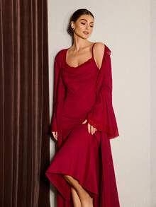 Slumberist Conjunto de pijama con camisola de encaje con contraste de escote pronunciado y bata de manga larga con lazo lateral, ropa de invierno - Burdeos - Ver 1