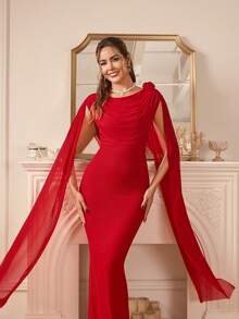 Amorya 女士新款优雅纯色圆领3D立体花卉装饰修身长裙 - 紅色 - 查看 5