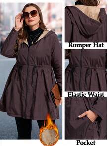 SHEIN Clasi 大码女式羽绒服，优雅黑色羽绒服，保暖内衬羽绒服，带帽羽绒服，收腰显瘦羽绒服带口袋 - 棕色 - 查看 1