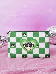 THE POWERPUFF GIRLS X SHEIN 1pc Fashionable & Cute Checkerboard Buttercup Pattern Zipper Storage Bag - Multicolor - View 1