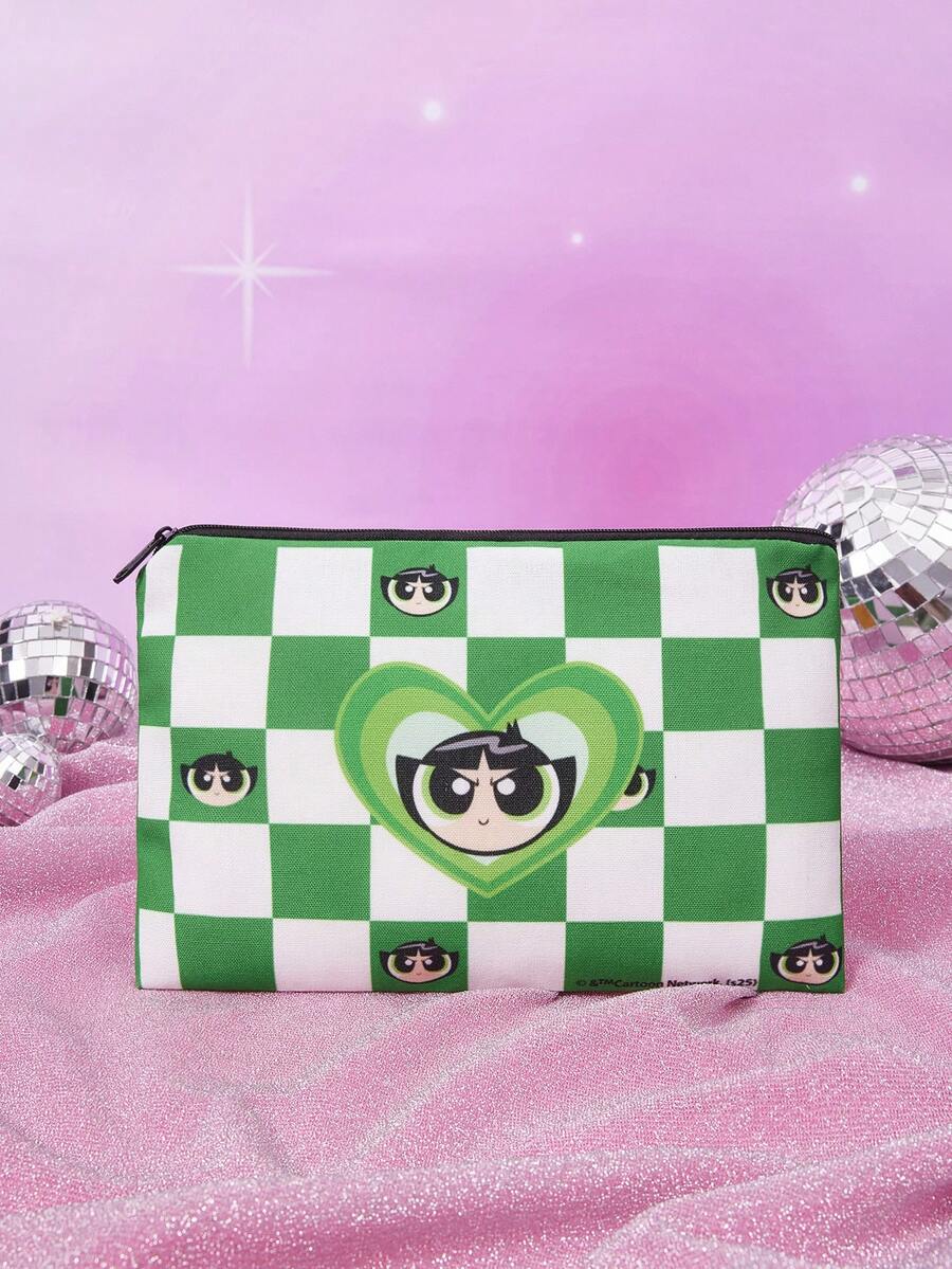 THE POWERPUFF GIRLS X SHEIN 1pc Fashionable & Cute Checkerboard Buttercup Pattern Zipper Storage Bag - Multicolor - View 1
