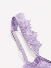 SHEIN Conjunto de lencería de 2 piezas con bralette y tanga con borde de volantes de encaje y decoración de moño, lencería sexy para mujeres - Púrpura malva - Ver 6