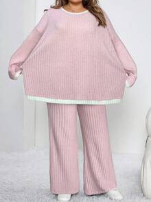SHEIN CURVE+ 2 件套加大码撞色边罗纹针织圆领长袖上衣和开衩长裤，女士冬装 - 淺粉色 - 查看 4