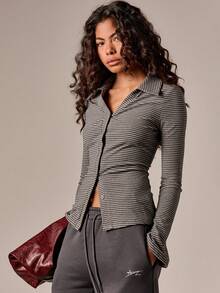 AiiRZ Collared Button Front Long Sleeve Striped Top With Horizontal Stripes Perfect For Fall Winter Layering - Dark Grey - View 6