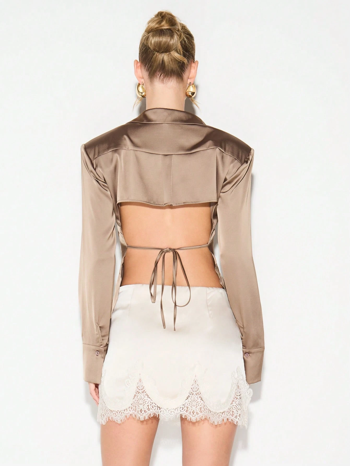 KIZN White Satin Blouse With Shoulder Pads